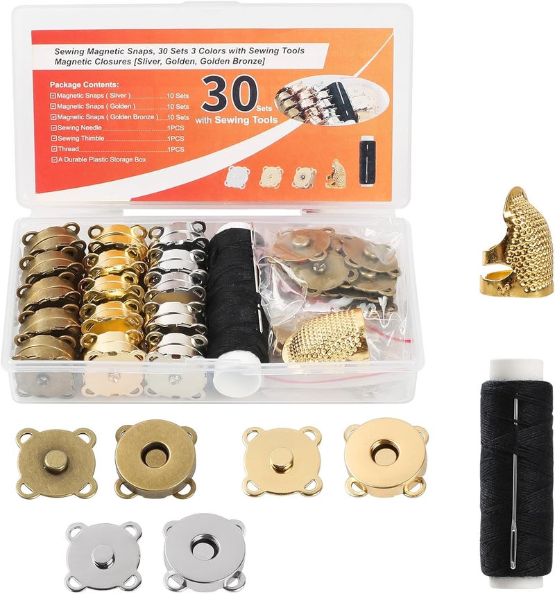 Sopnom 30Sets Magnetic Snaps, Magnetic Snaps for Purses with Sewing Accessories - Magnetic Purses Closure Snap Clasps for Sewing DIY Craft, Purses, Bags, Clothes, Leather Projects(18MM-3Color) - Image 1